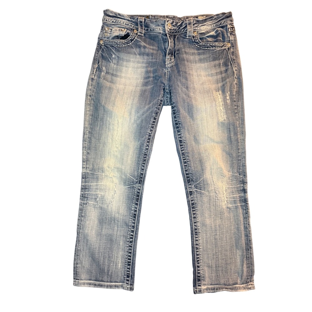 Miss Me Easy Capri JE5854EP3 Jeans Womens 32 Blue Distressed Rhinestone Cross